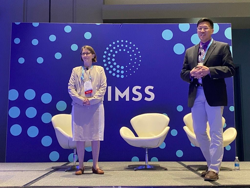 Jennifer Tirnauer and Kelvin Chou talk about the importance of considering the patient's perspective at the HIMSS Conference. (Photo: Ron Southwick)