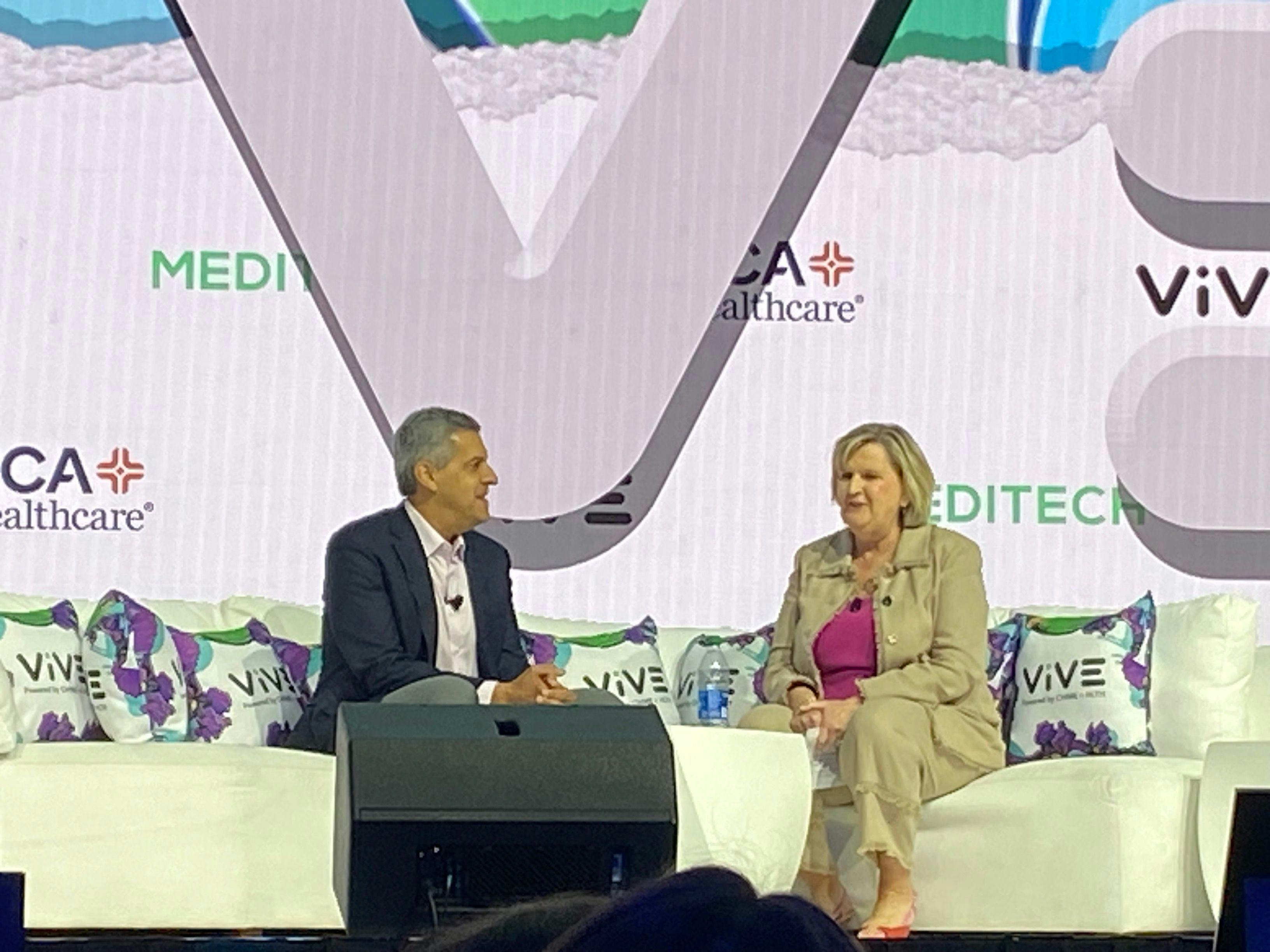 HCA Healthcare CEO Sam Hazen talks with Helen Waters, COO of MEDITECH, at the ViVE Conference March 28. (Photo: Ron Southwick)