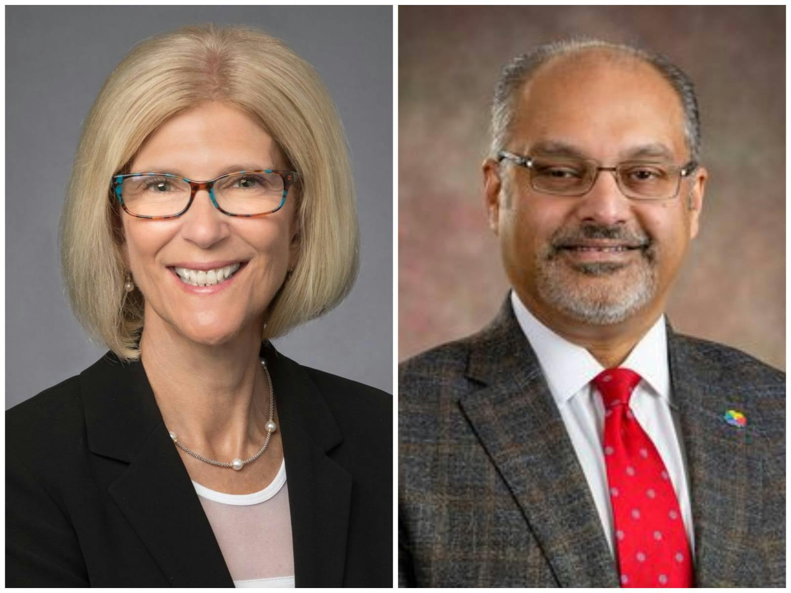 Cathy Jacobson, president and CEO of Froedtert Health, and Imran A. Andrabi, president and CEO of ThedaCare. The two Wisconsin hospital systems are planning to merge into one organization. (Photos provided by Froedtert Health)