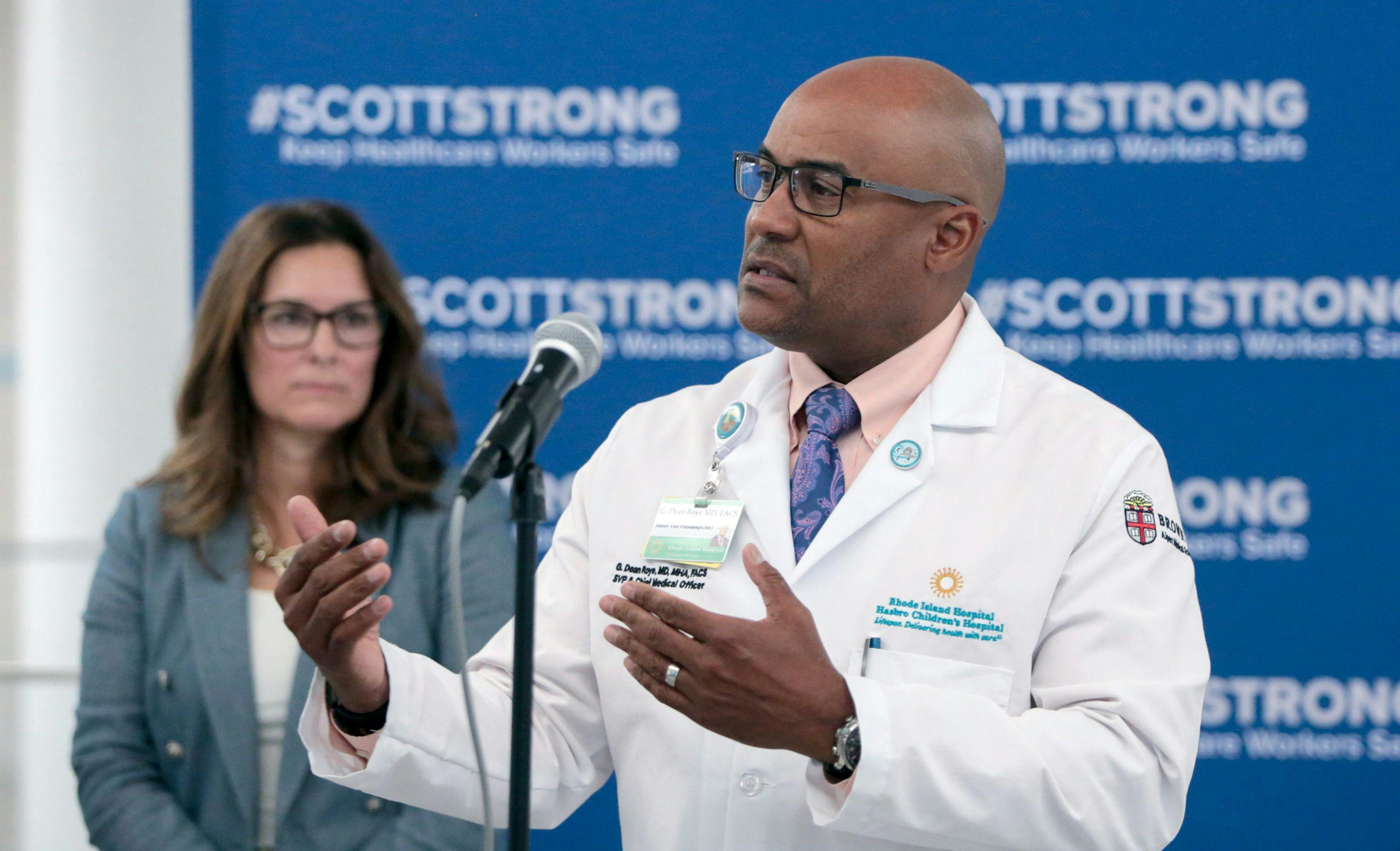 G. Dean Roye, senior vice president for medical affairs and chief medical officer at Rhode Island Hospital, talks at an event to kick off the "ScottStrong" campaign to protect healthcare workers from violence. (Photo by Bill Murphy at Lifespan)