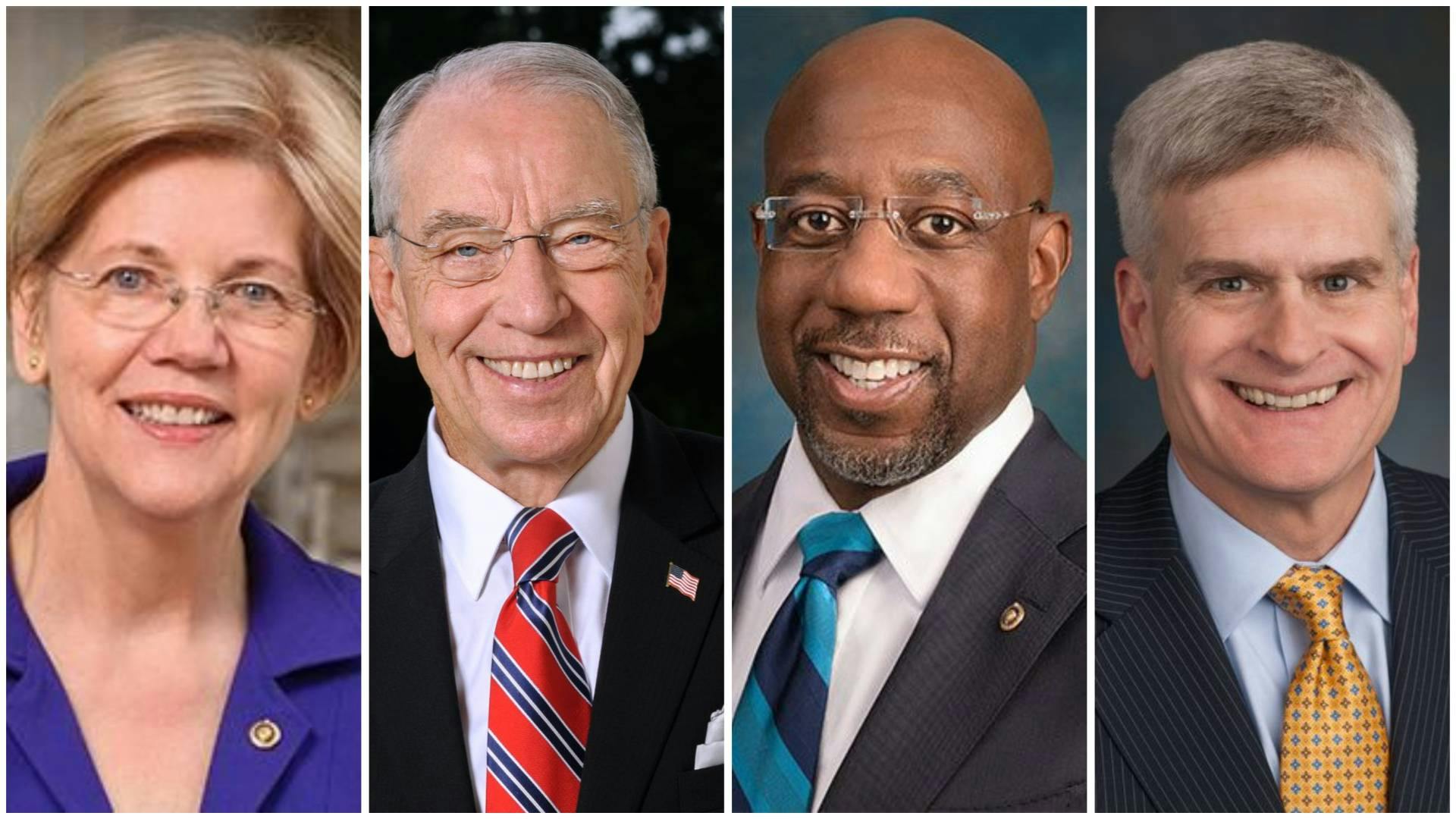 From left, U.S. Sens. Elizabeth Warren, Chuck Grassley, Raphael Warnock and Bill Cassidy are asking the IRS to examine nonprofit hospitals to see if their complying with federal tax rules. (Photos: U.S. Senate offices)