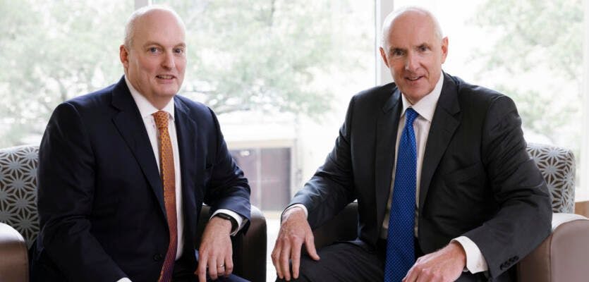 Pete November, left, and Warner Thomas, are changing roles. November, left, will take over as CEO of Ochsner Health in Louisiana. Thomas, who has led Ochsner for a decade, is leaving to become CEO of Sutter Health in Sacramento, Calif.