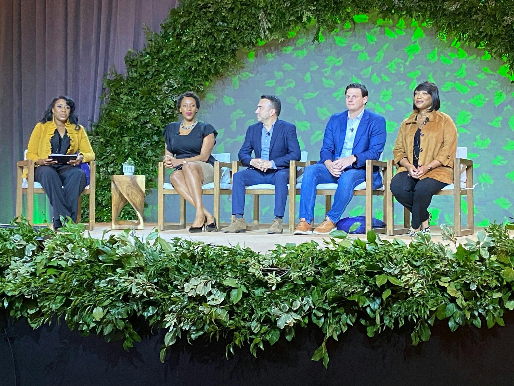 Panelists at the HLTH Conference talked about improving health equity. From left, Eboné Carrington, managing director of Manatt Health; Amaka Eneanya, head of strategy and operations for Fresenius Medical Care; Bechara Choucair, senior vice president and chief health officer of Kaiser Permanente; Taylor Justice, co-founder and president of Unite Us; and Charlotte Owens, vice president and head of health equity and patient affairs at Takeda Pharmaceuticals.