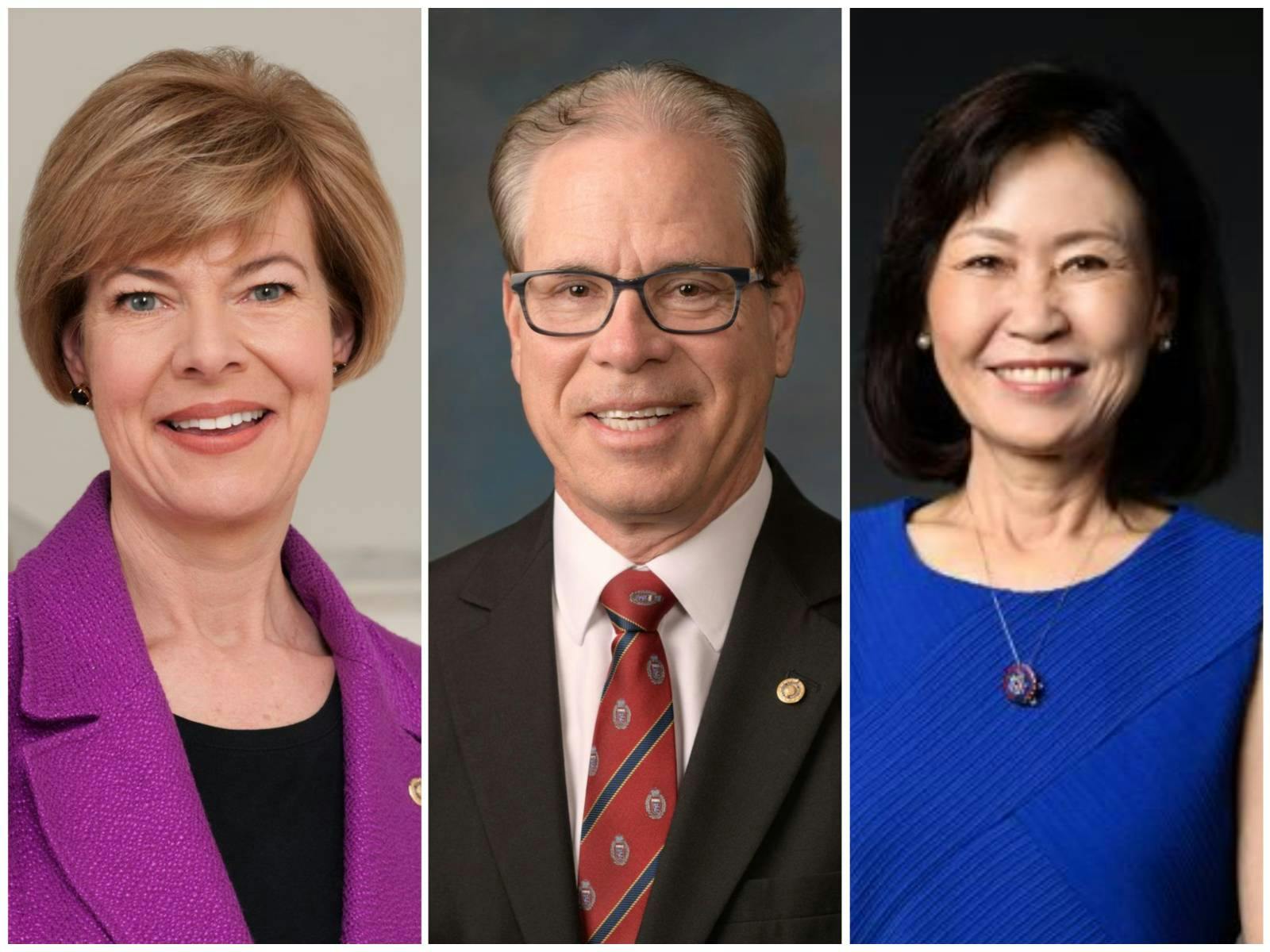 From left, U.S. Sens. Tammy Baldwin and Mike Braun and U.S. Rep. Michelle Steel (Photos from Senate and House offices)