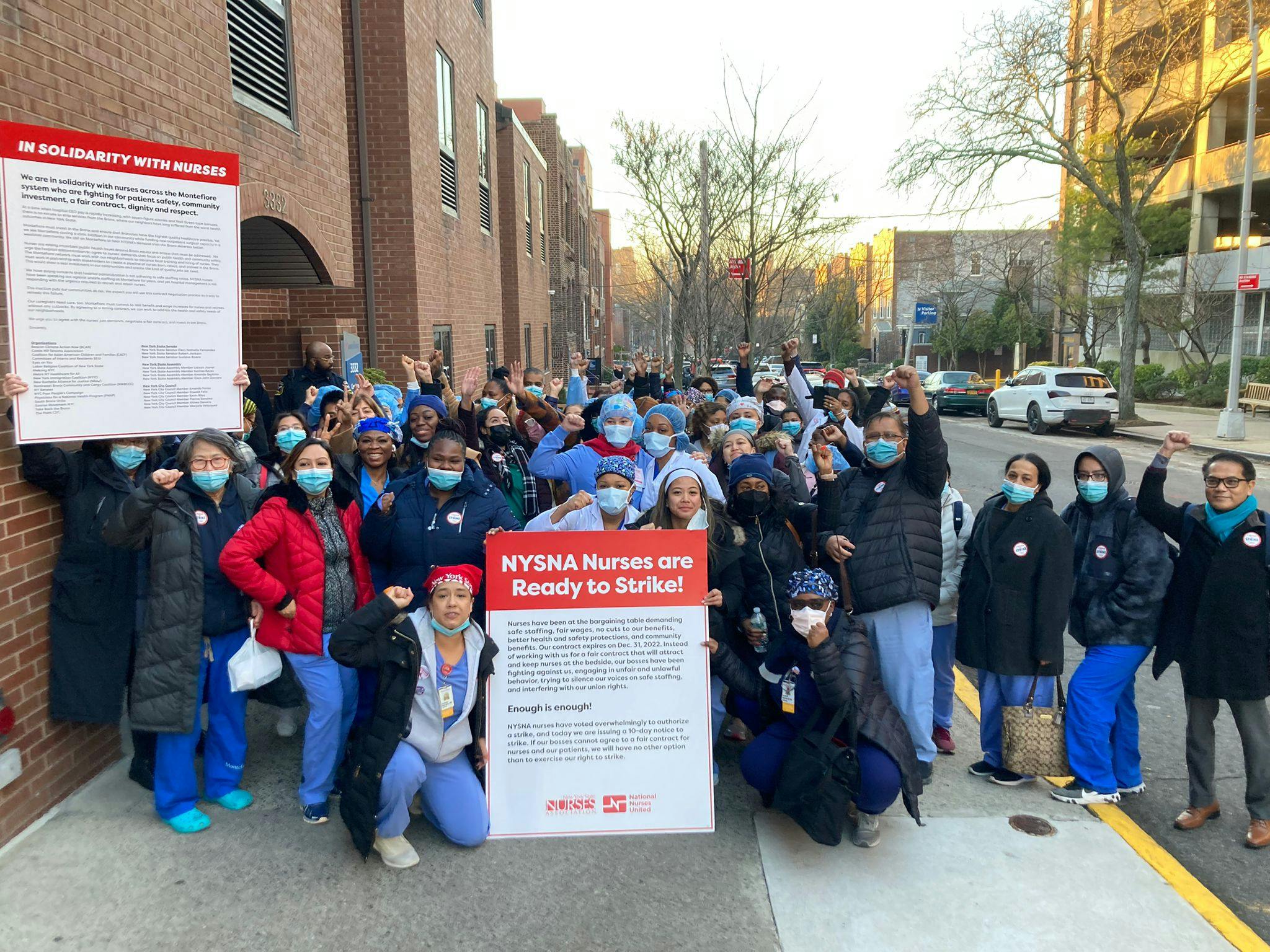 Nurses at Montefiore Bronx show they are willing to walk out. Thousands of nurses with the New York State Nurses Association plan to go on strike at several hospitals on Jan. 9, unless they can get an agreement on a new contract. (Photo: New York State Nurses Association)
