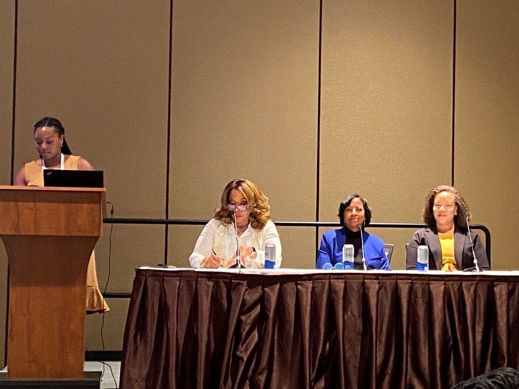Female executives talk about the importance of encouraging women to pursue leadership roles in healthcare during a panel at the American Hospital Association Leadership Summit. (Photo: Ron Southwick)