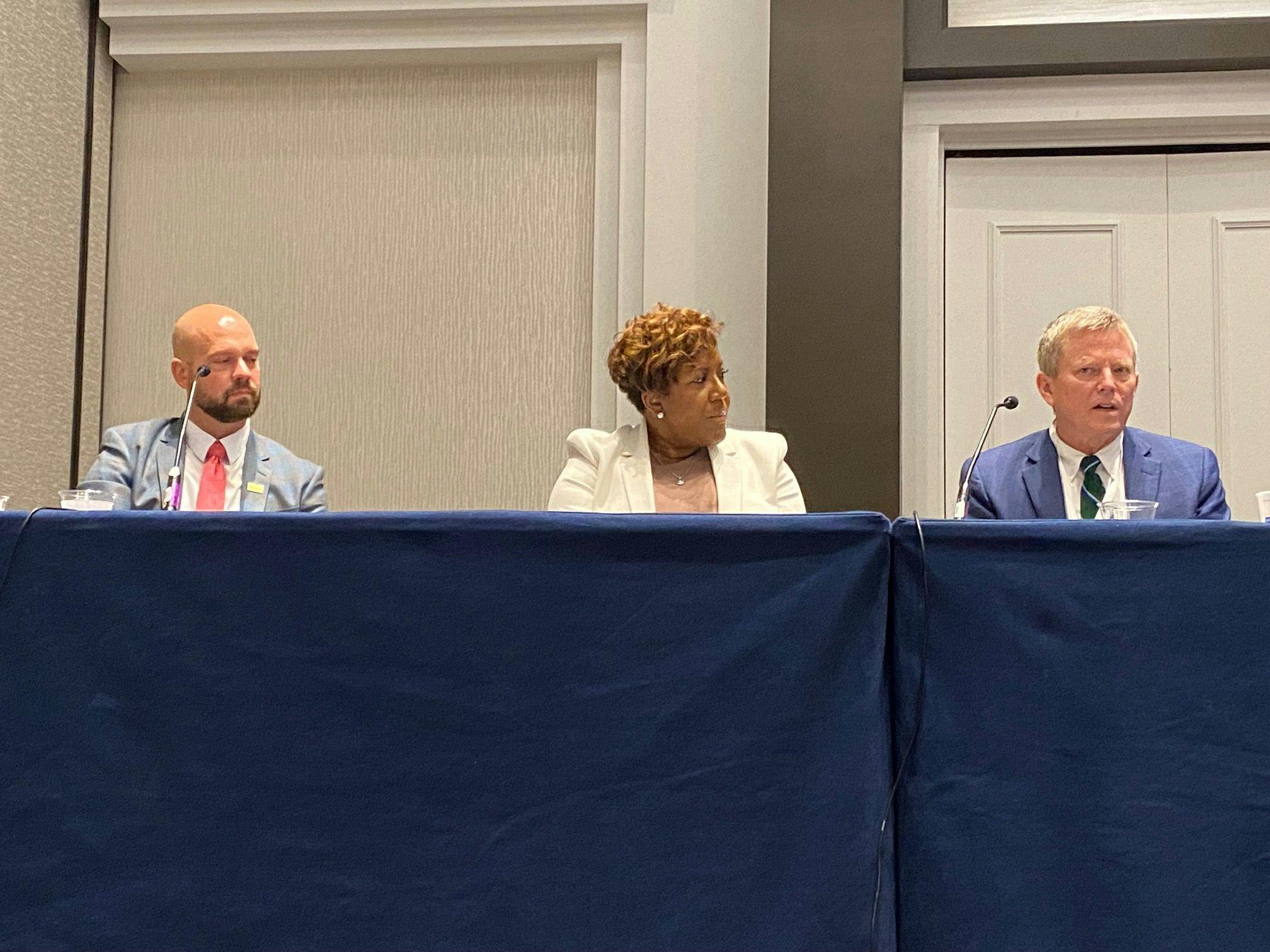 From left, Erik Martin, VP, patient care services and chief nursing officer, Norton Children’s Hospital; Nikki Sumpter, executive vice president, chief administrative officer, Atlantic Health System; and Michael Ivy, deputy chief medical officer, Yale New Haven Health, at the American Hospital Association Leadership Summit, Monday, July 18.