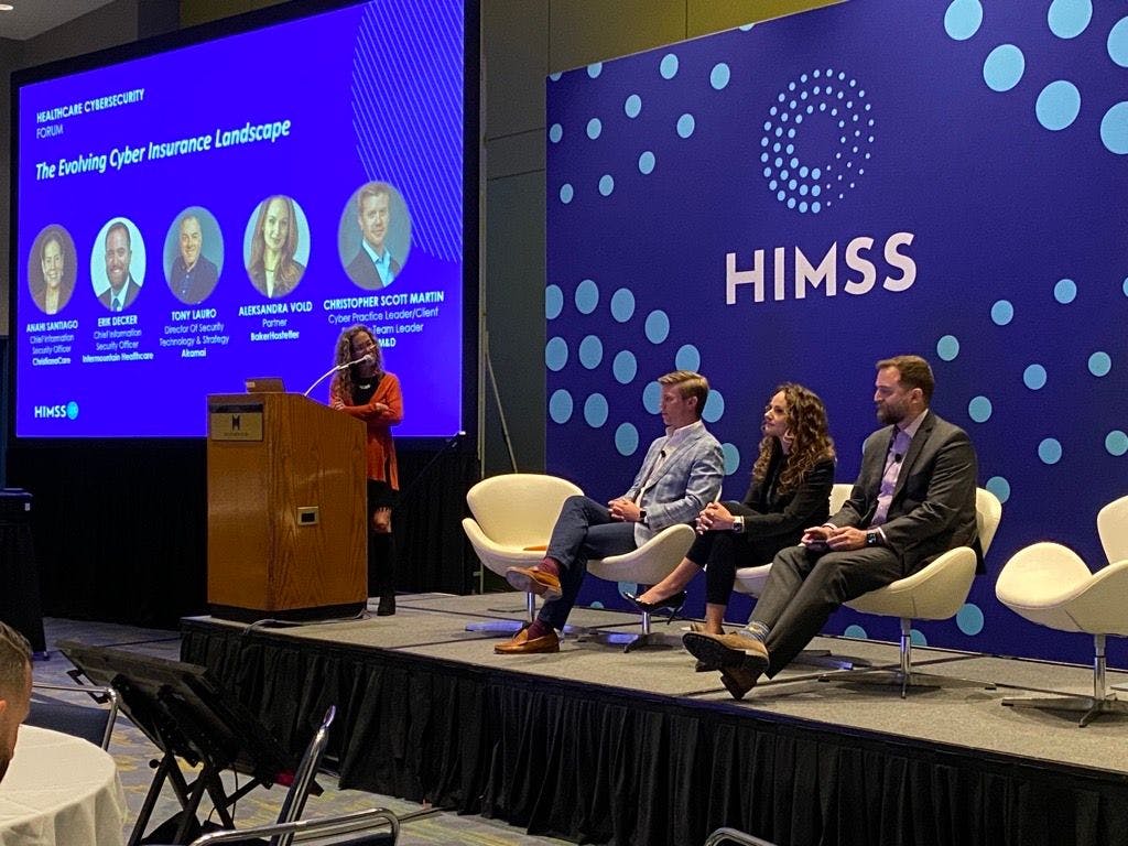 Experts discuss the need for emergency response plans for cyberattacks and the importance of reaching out to insurers quickly during a panel discussion at the HIMSS Global Health Conference & Exhibition. (Photo: Ron Southwick)