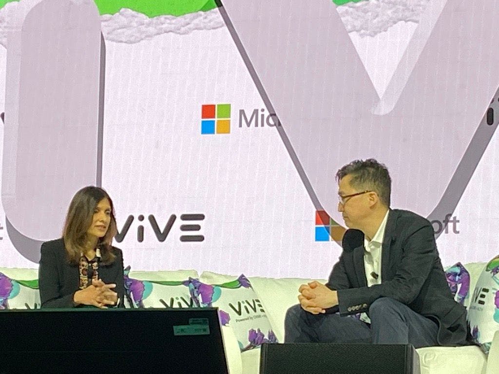 Vasu Jakkal, who runs Microsoft's cybersecurity business, and David Rhew, Microsoft's chief medical officer, talk about the company's new AI-powered security product at the ViVE Conference in Nashville.