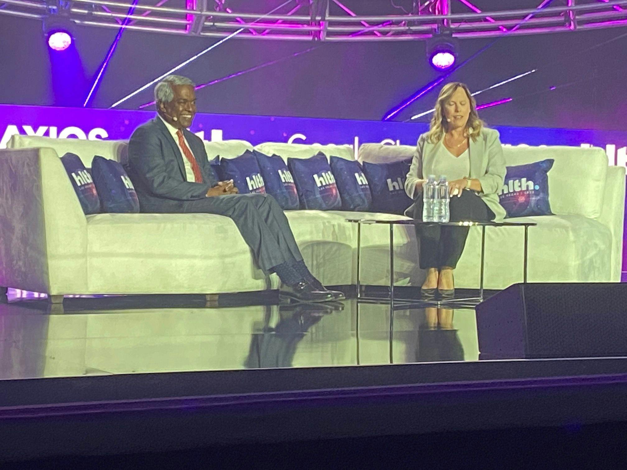 Google Cloud CEO Thomas Kurian talks with Tina Reed, Axios healthcare editor, at the HLTH Conference in Las Vegas, Monday, Nov. 14. (Photo: Ron Southwick)