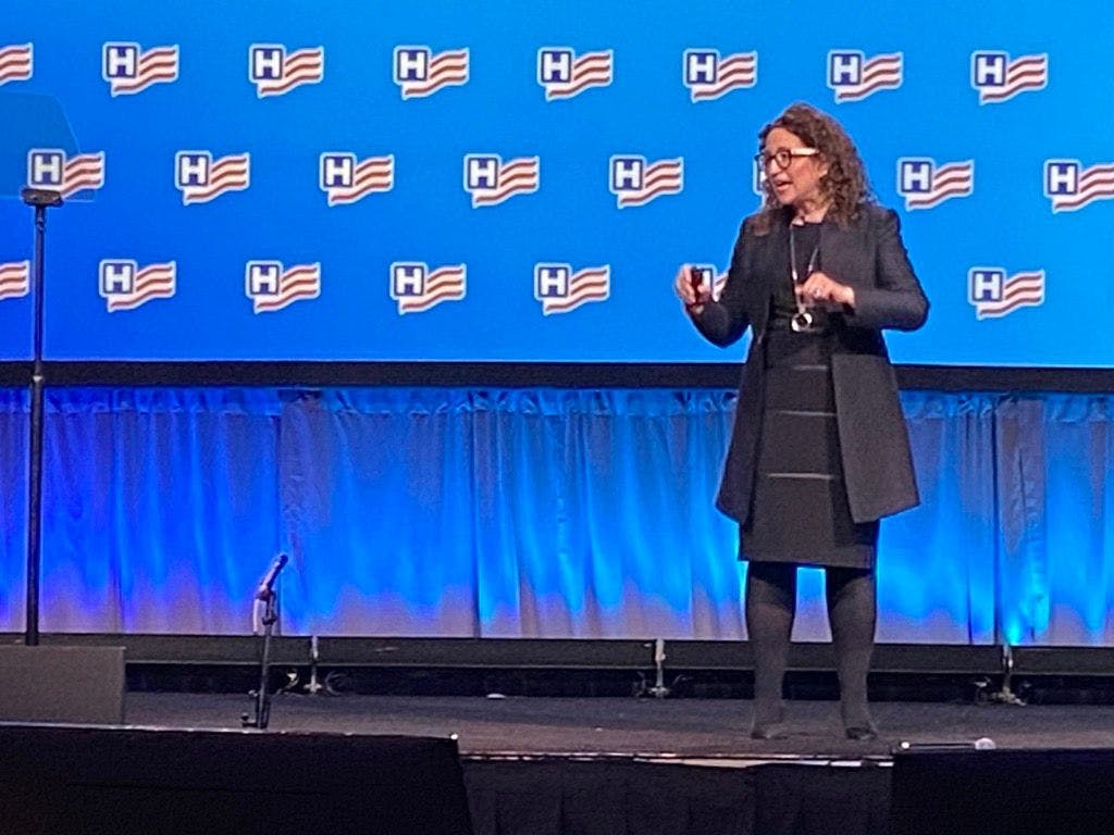 Futurist Amy Webb outlines trends that will challenge healthcare at the American Hospital Association Leadership Summit. (Photo: Ron Southwick)