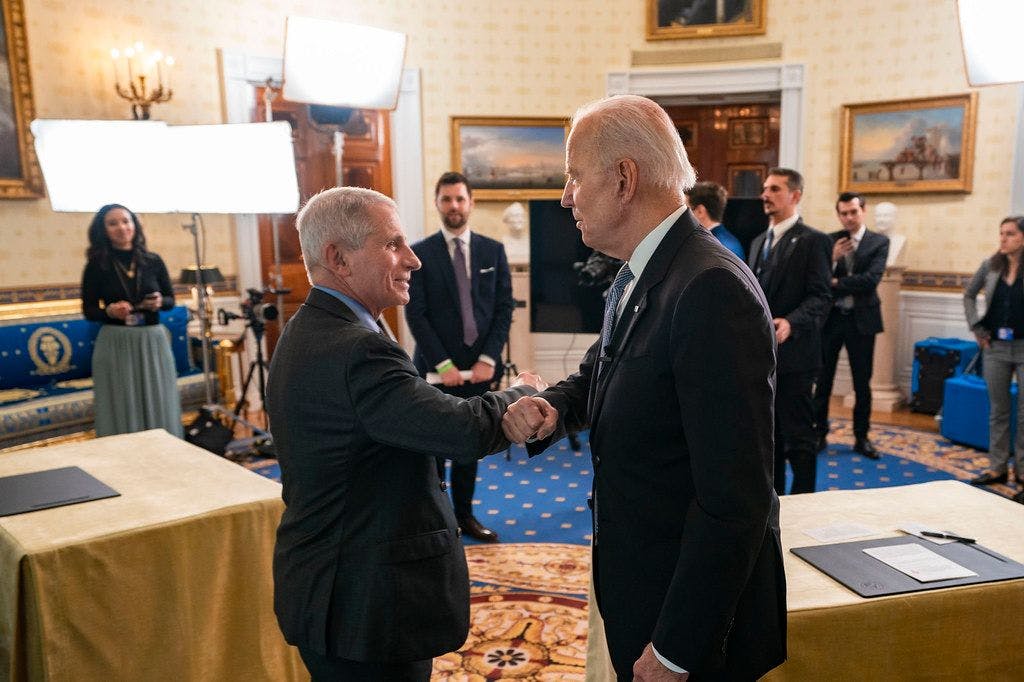 President Joe Biden participates in a May 2021 town hall with Anthony Fauci, the president's chief medical adviser, in the White House. (Official White House Photo by Adam Schultz)
