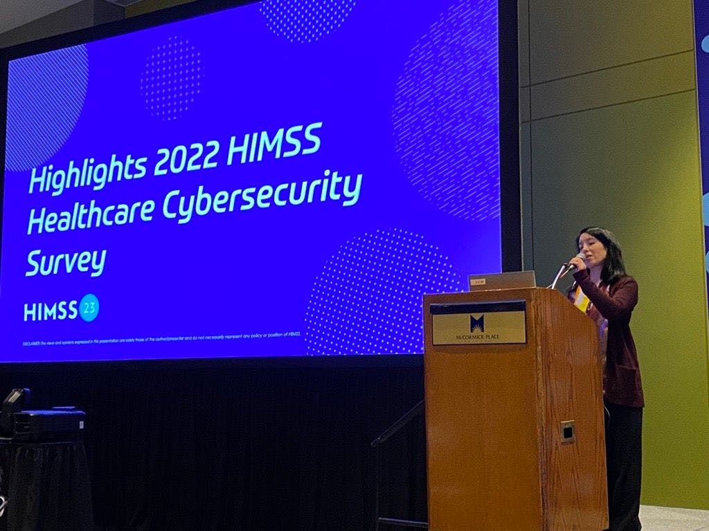 Lee Kim of HIMSS talks about cybersecurity during the opening day of the HIMSS Global Health Conference & Exhibition. (Photo: Ron Southwick)