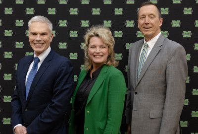 Marshall University and Mountain Health Network have merged to form a new academic health system: Marshall Health Network. Pictured in an April photo, from left, Marshall University President Brad D. Smith, Marshall Health CEO Beth L. Hammers and Marshall Health Network CEO Dr. Kevin Yingling. (Photo: Marshall Health Network)